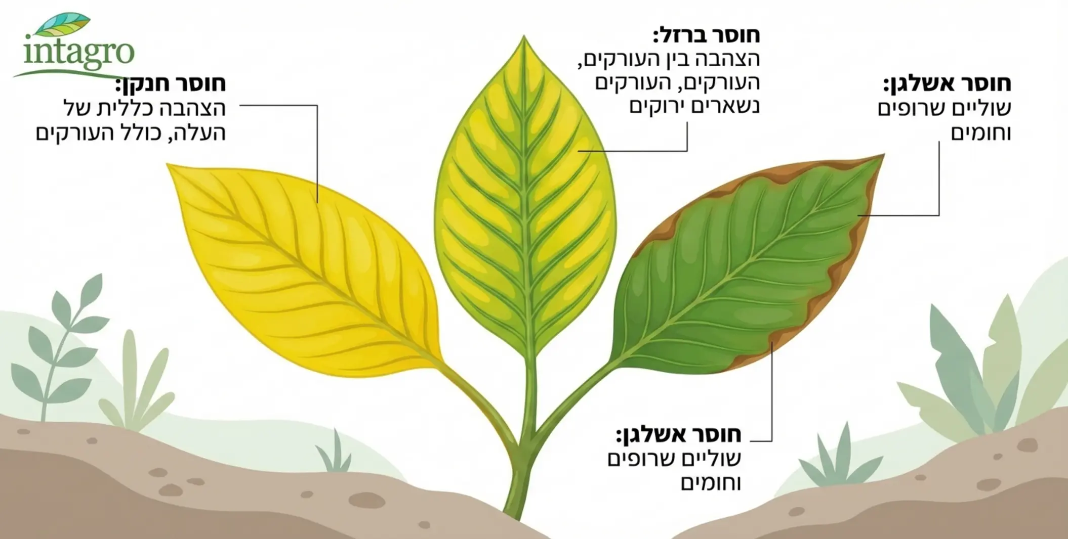 אינפוגרפיקה המציגה עלה של צמח עם סימנים ויזואליים שונים לחוסרים תזונתיים: עלה צהוב (חוסר חנקן), עורקים ירוקים ורקע צהוב (חוסר ברזל), שוליים שרופים (חוסר אשלגן)