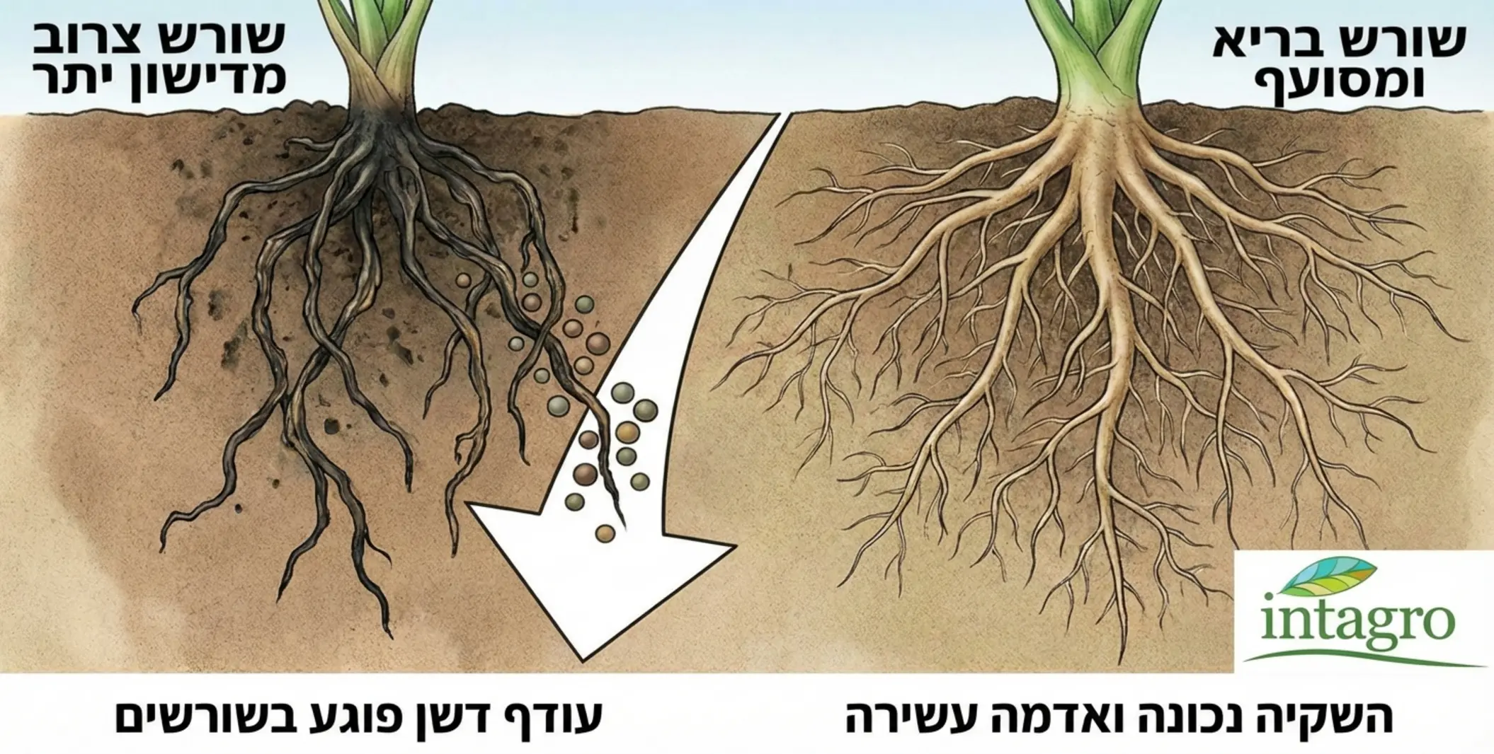 איור הממחיש שורש צרוב כתוצאה מדישון יתר לעומת שורש בריא ומסועף