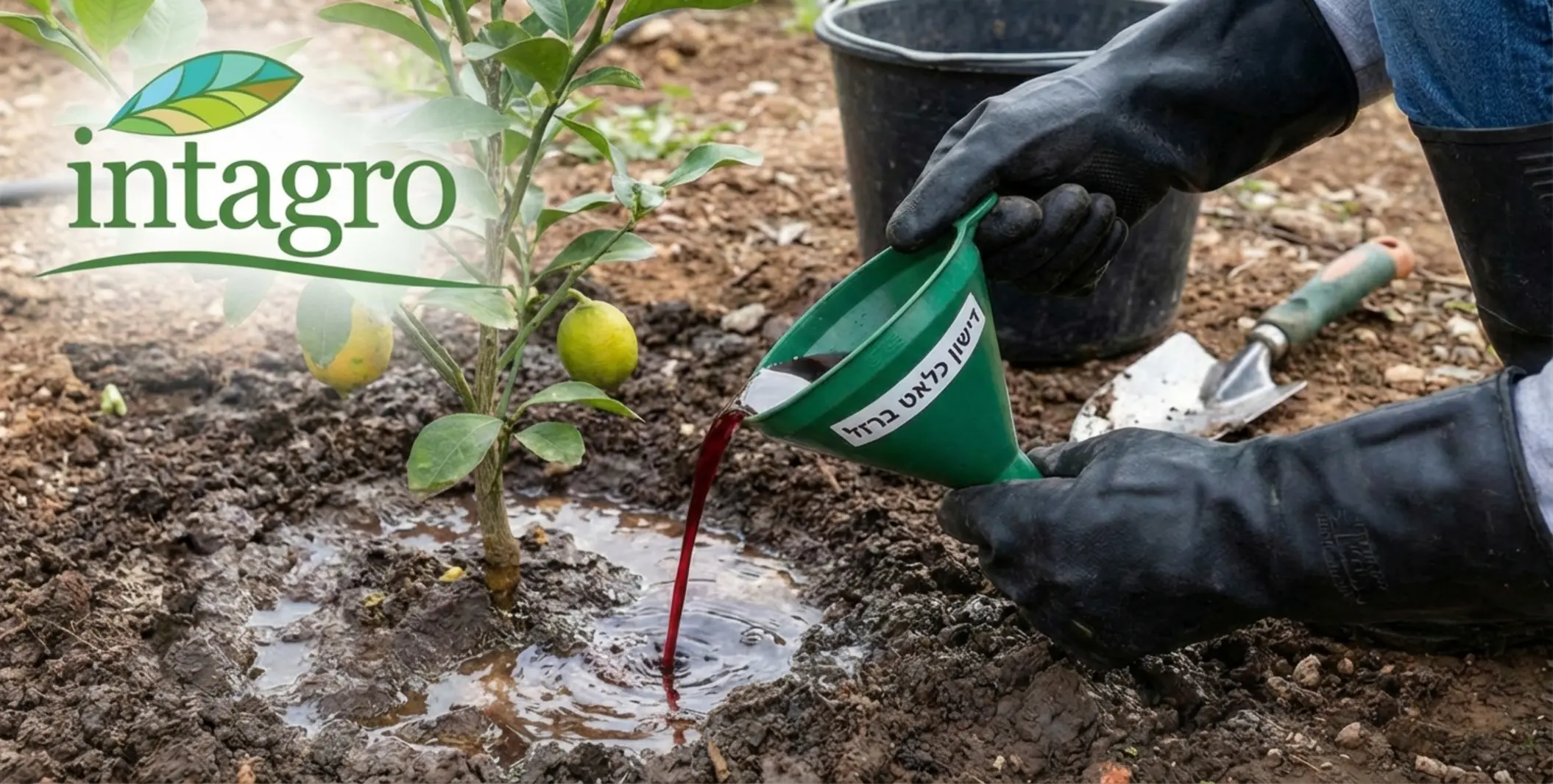 תמונה של ידיים עם כפפות מגן מוזגות בזהירות תמיסה בצבע אדום כהה (כלאט ברזל) ממשפך גינון אל גומת ההשקיה של עץ לימון צעיר, כשהקרקע נראית לחה.