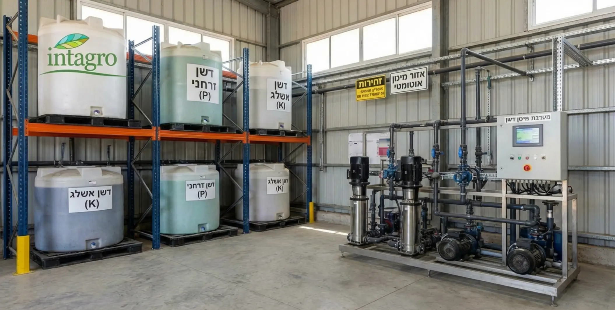 תמונה של מחסן חקלאי מסודר, המציג מכלי דשן נוזלי מופרדים לפי סוגים, עם סימון ברור ושילוט בטיחות, ומערכת משאבות מינון