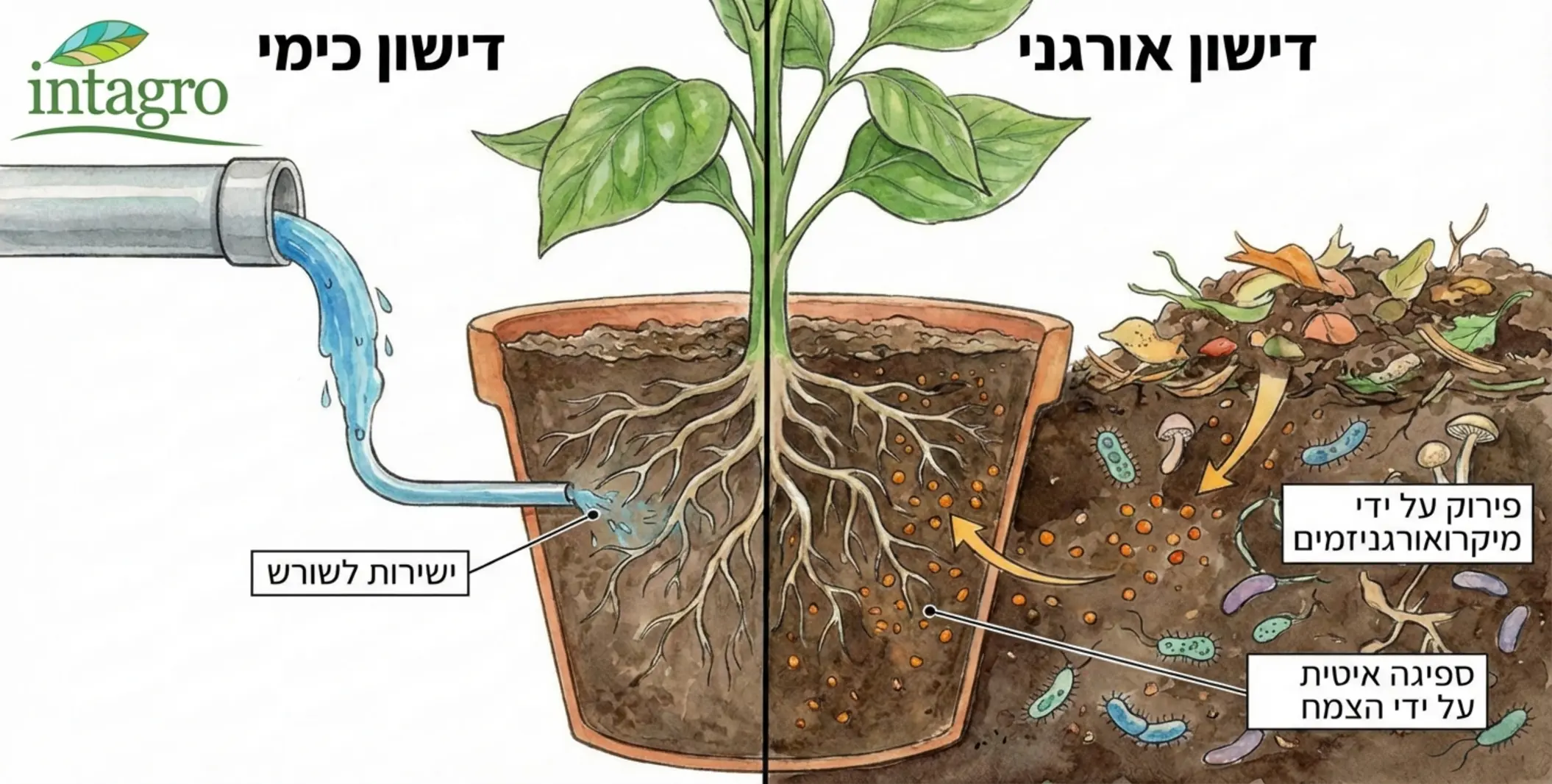 איור הממחיש את ההבדל בין דישון כימי שמגיע ישירות לשורש, לבין דישון אורגני שמתפרק בקרקע על ידי מיקרואורגניזמים ורק אז מגיע לצמח