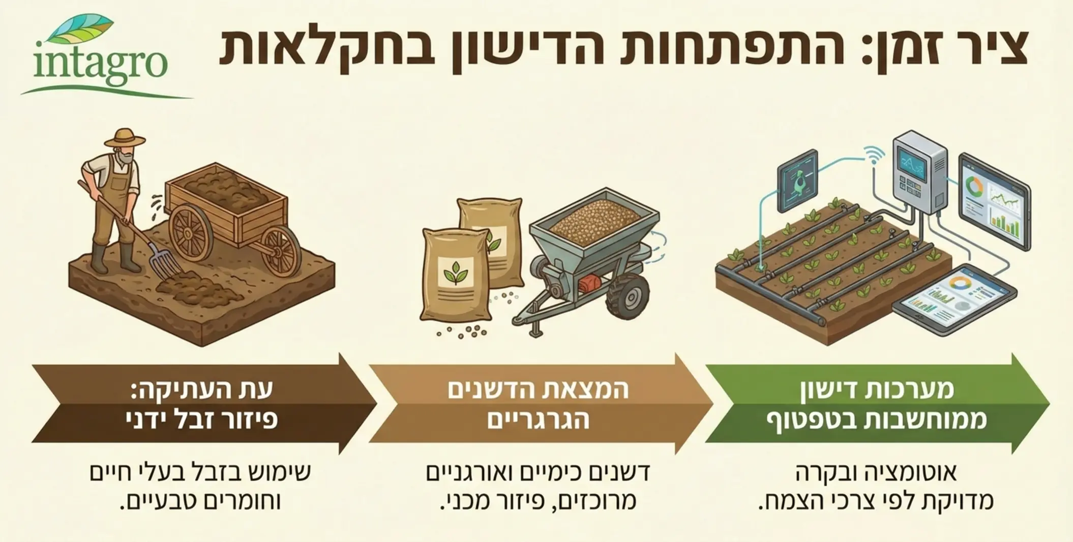 אינפוגרפיקה המציגה ציר זמן של התפתחות הדישון: משלב פיזור זבל ידני בעת העתיקה, דרך המצאת הדשנים הגרגריים, ועד למערכות דישון ממוחשבות בטפטוף