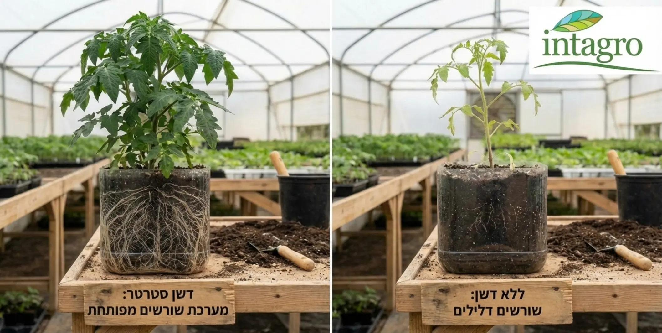 השוואה ויזואלית בין שני שתילים בני אותו גיל: האחד עם מערכת שורשים מפותחת וענפה שקיבל דשן סטרטר, והשני עם שורשים דלילים וקצרים ללא דשן