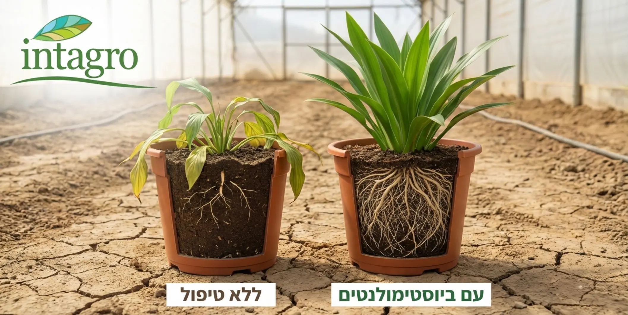 תמונה ריאליסטית המציגה השוואה מובהקת בין שני עציצי צמחים זהים הגדלים בתנאי אדמה יבשה. בעציץ הימני נראה צמח שטופל בביוסטימולנטים, הוא בעל מערכת שורשים ענפה וצפופה מאוד הנראית דרך חתך שקוף באדמה, והעלים שלו זקופים ובירוק עז. בעציץ השמאלי נראה צמח ללא טיפול, עם שורשים דלילים וקצרים, והעלים שלו נבולים, שמוטים ובעלי גוון צהבהב