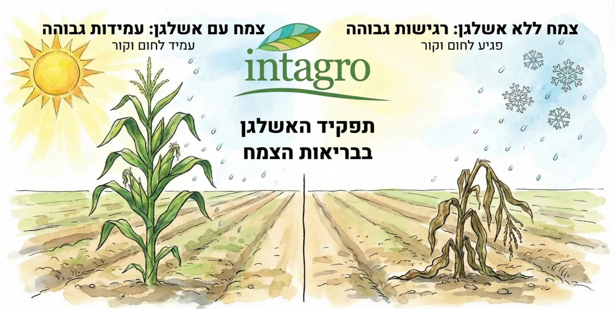 איור המראה חלקה חקלאית החצויה לשניים בצד אחד צמח מתוחזק היטב באשלגן העומד זקוף ורענן בתנאי חום וקור, ובצד השני צמח ללא דישון מספק הנראה נבול, פגוע ומוטה כלפי מטה