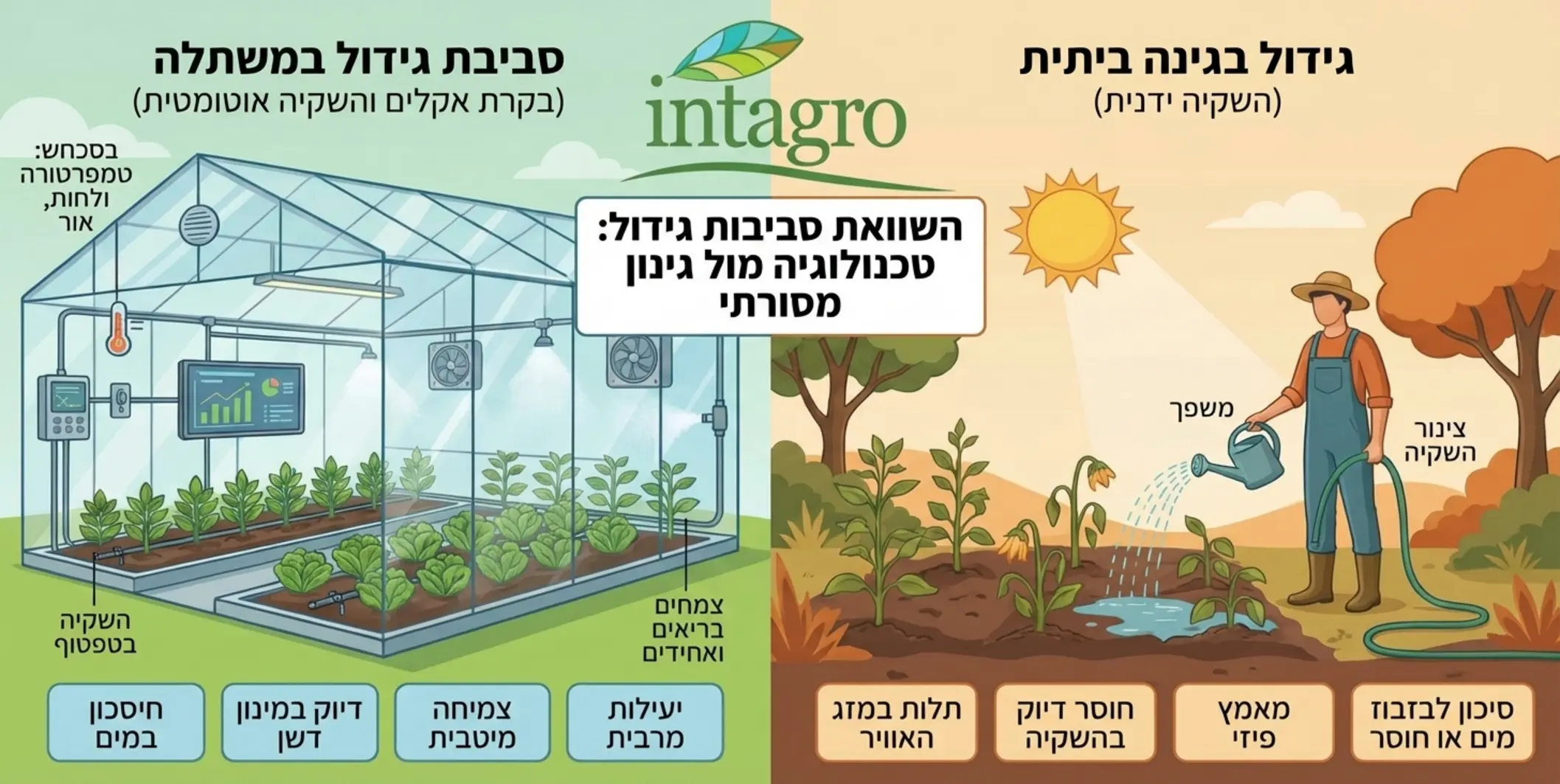 אינפוגרפיקה המציגה השוואה בין סביבת גידול במשתלה הכוללת בקרת אקלים ומערכת הדשיה אוטומטית לעומת גידול בגינה הביתית עם השקיה ידנית
