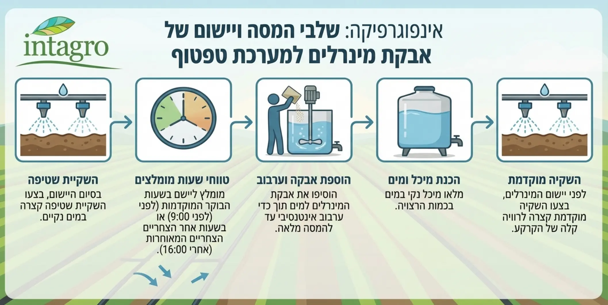 אינפוגרפיקה המדגימה את השלבים הנכונים להמסת אבקת מינרלים במים כולל ערבוב השקיה מוקדמת וטווחי שעות מומלצים ביום ליישום במערכת טפטוף