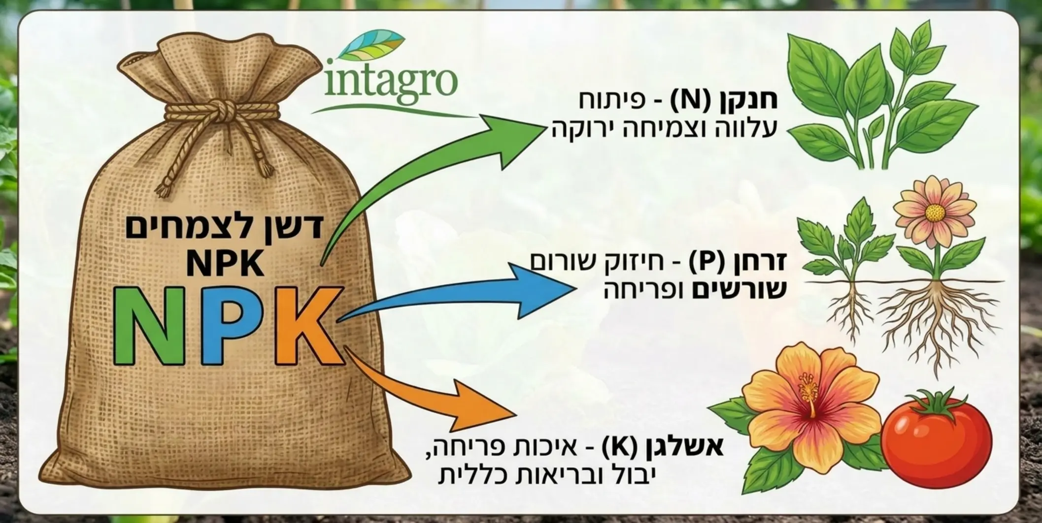 אינפוגרפיקה המציגה שק דשן עם המספרים NPK מודגשים בגדול, וממנו יוצאים חצים המסבירים אילו חלקי צמח כל יסוד מפתח עליות, שורשים, ופריחה