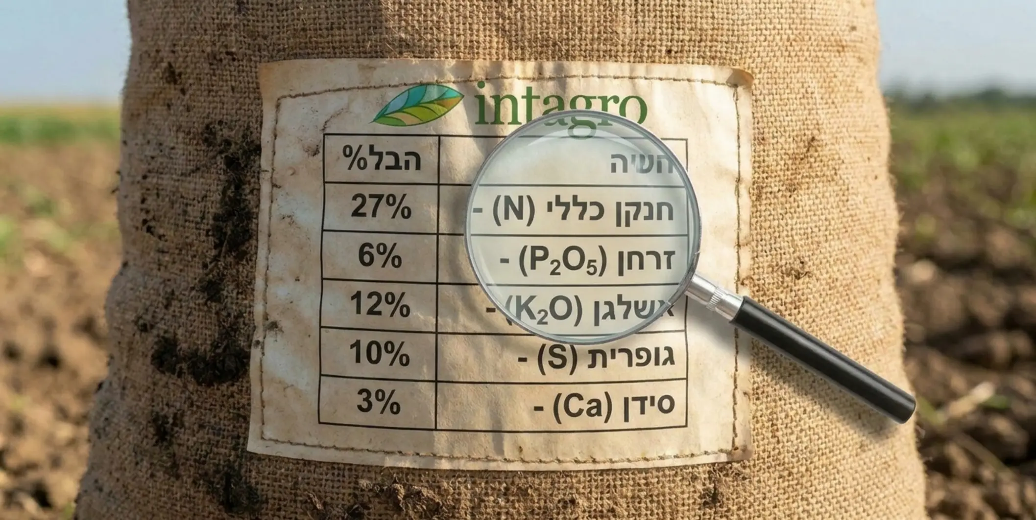 צילום תקריב של תווית גב שק דשן חקלאי עם טבלת אחוזים, כשזכוכית מגדלת וירטואלית מונחת על שורת הריכוז הכולל של החנקן