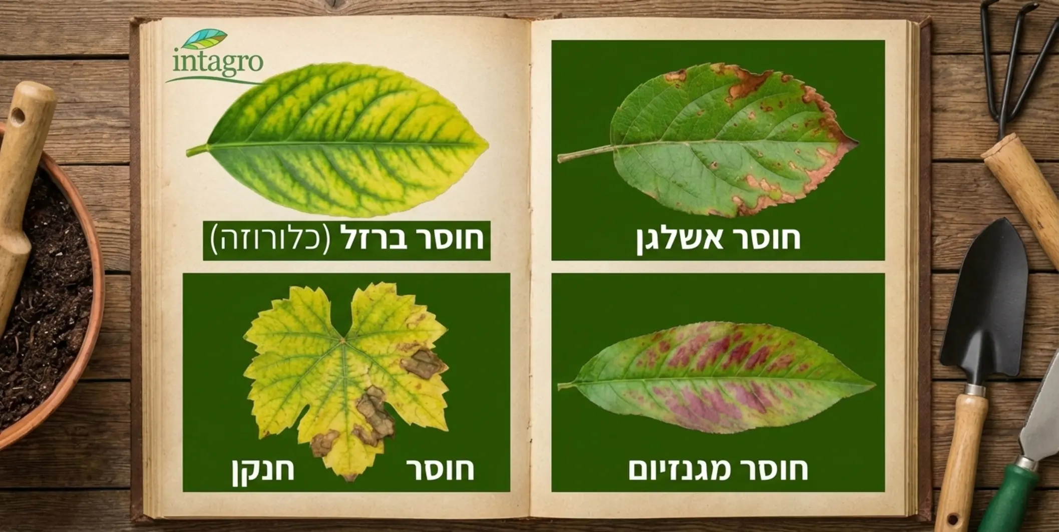 קולאז' תמונות המציג עלי עצי פרי עם חסרים תזונתיים שונים, כגון הצהבת עלים עקב חוסר ברזל וכתמים חומים עקב חוסר אשלגן