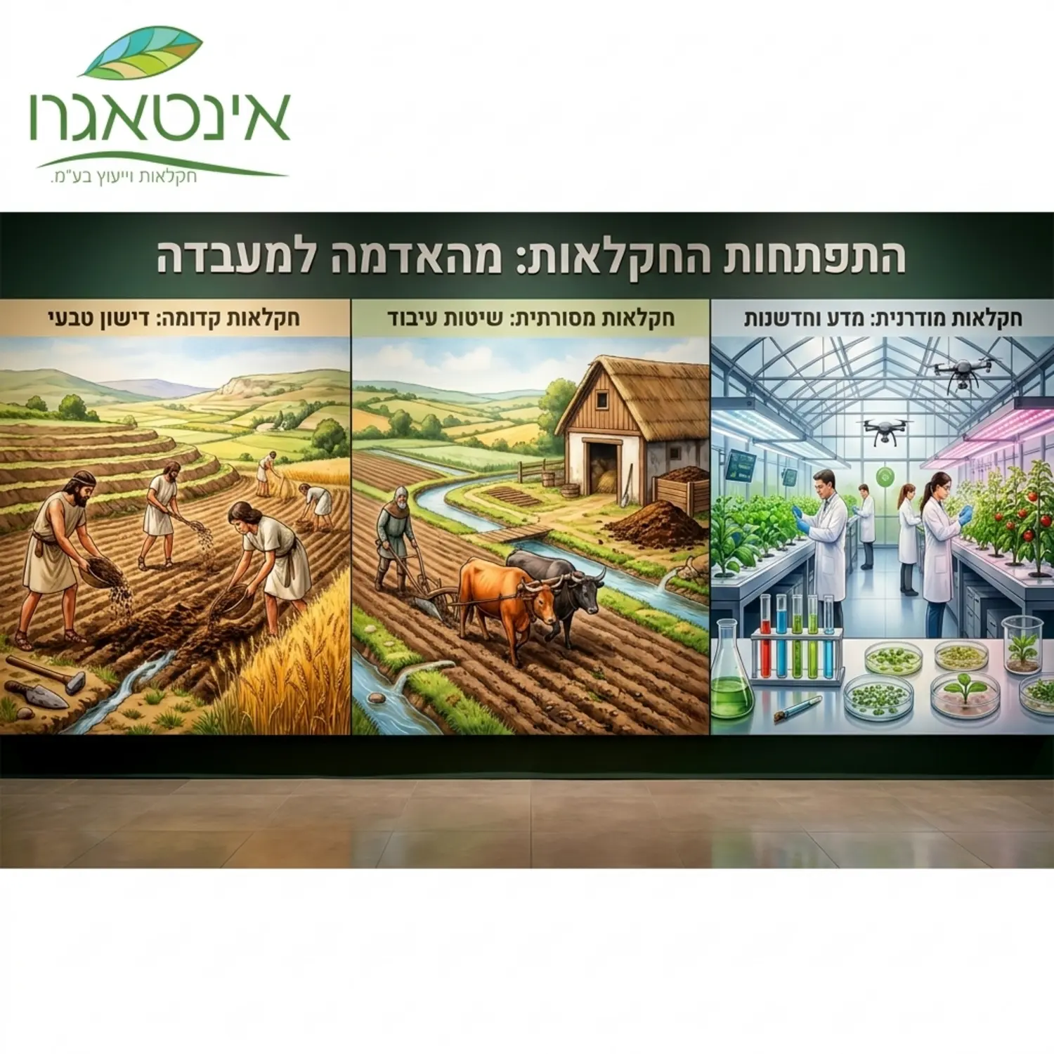 ציר זמן ויזואלי המציג את התפתחות החקלאות החל מחקלאים קדומים המפזרים זבל אורגני בשדה ועד למעבדה מודרנית עם מבחנות וצמחים
