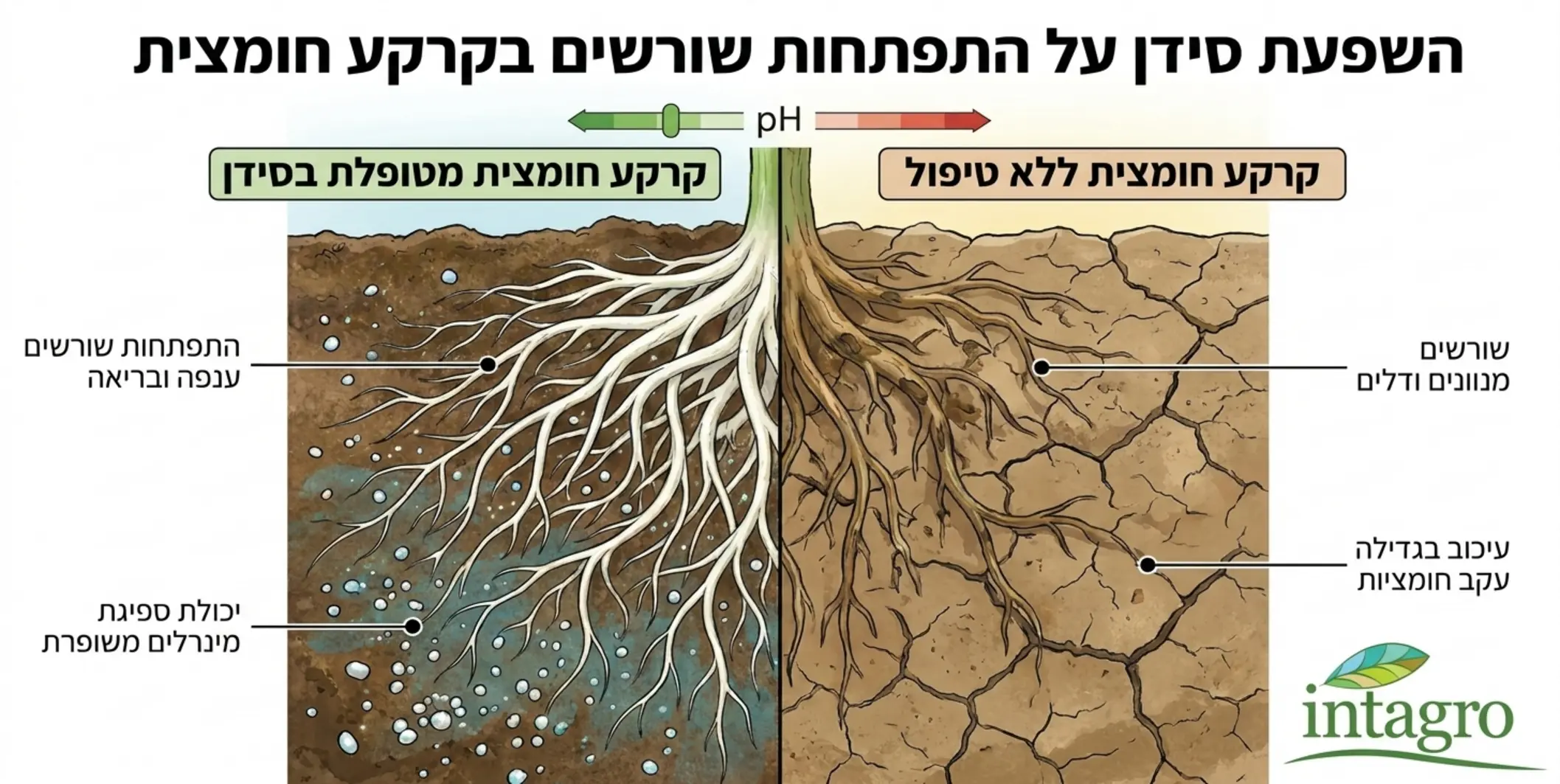 תרשים השוואתי המציג התפתחות של מערכת שורשים ענפה ובריאה בקרקע חומצית שטופלה בסידן לעומת שורשים מנוונים ודלים בקרקע חומצית ללא טיפול מקדים