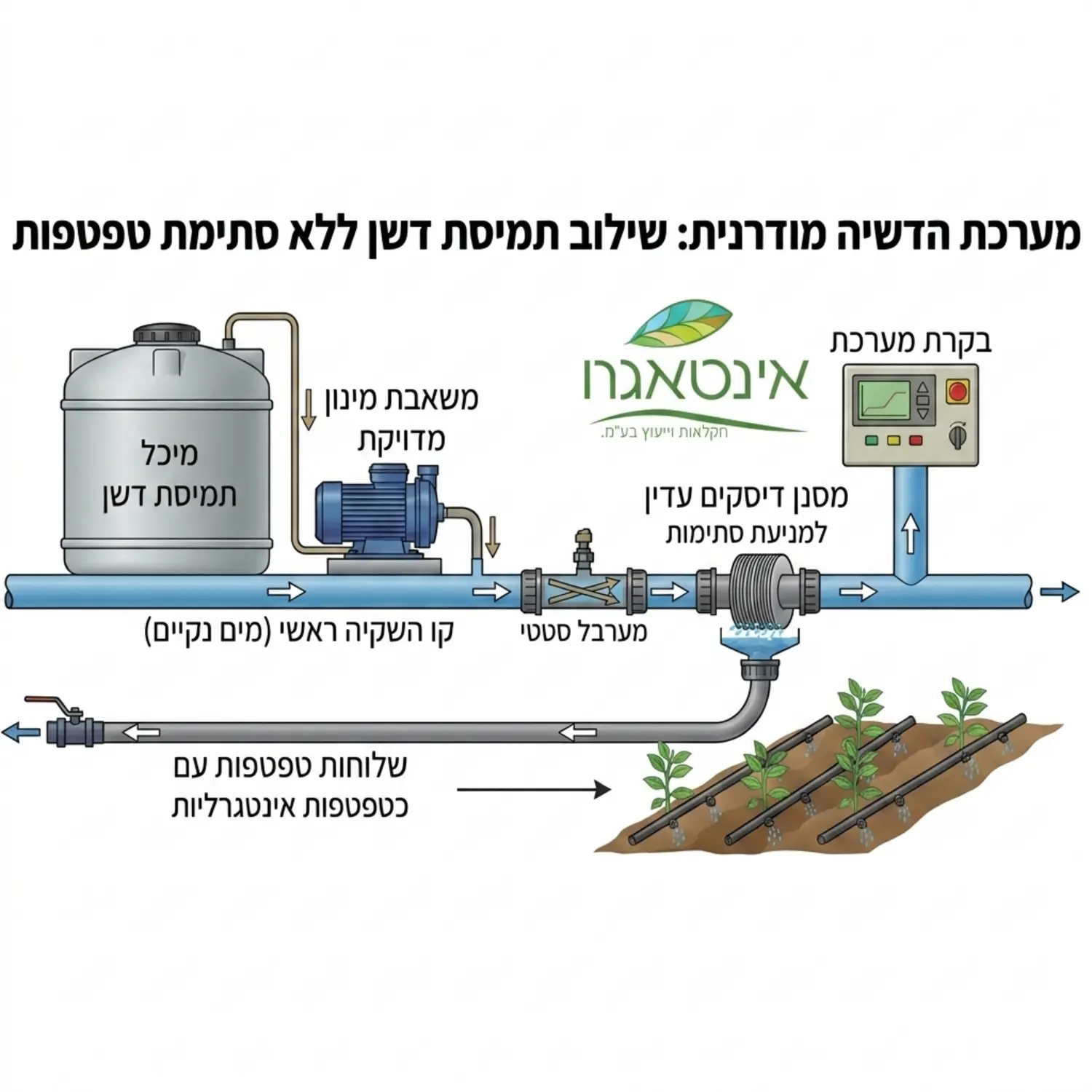 תרשים זרימה של מערכת הדשיה מודרנית המראה כיצד תמיסת הדשן משתלבת במי ההשקיה ללא סתימת טפטפות